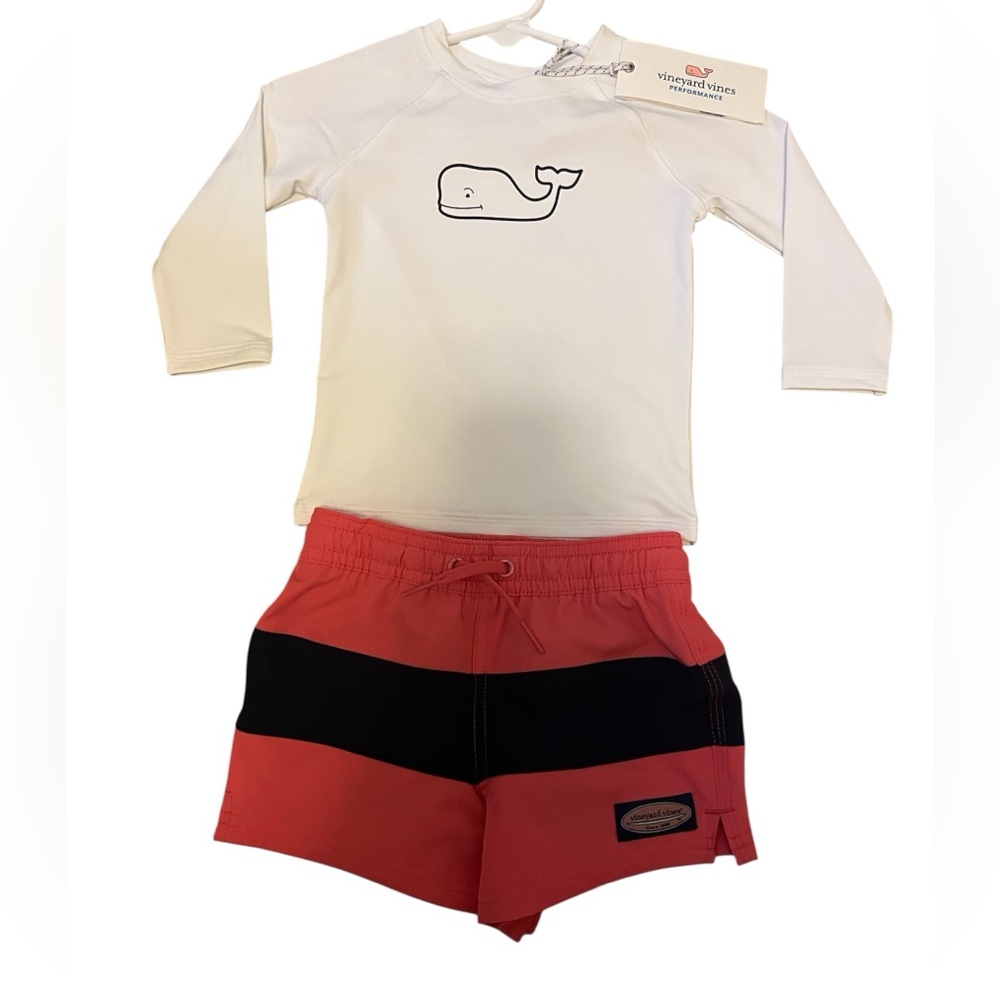 NWT Vineyard Vines Baby Boy Swim Suit Shorts and Rash Guard Swim Set Whale Logo